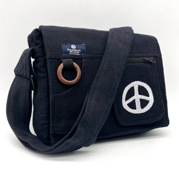 Lukla Black Messenger Bag with Peace Sign Embroidery - Picture 2 of 14